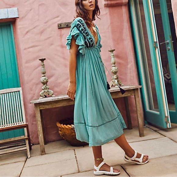 Free People Teal Midi Dress with Black Embroidery - Picture 2 of 8